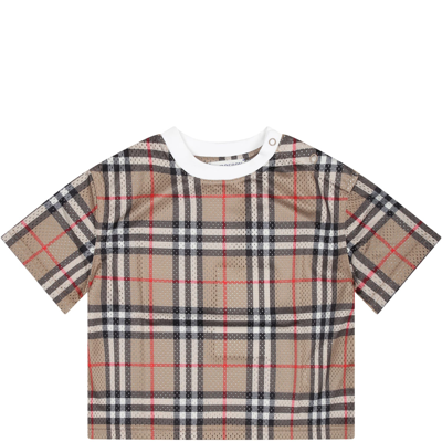 Shop Burberry Beige T-shirt For Baby Boy With Iconic Vintage Check In Archive Beige Ip Chk