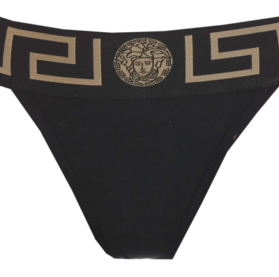 Shop Versace La Greca Logo Thong In Nero