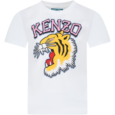 Shop Kenzo Ivory T-shirt For Girl With Iconic Tiger And Logo In P Avorio