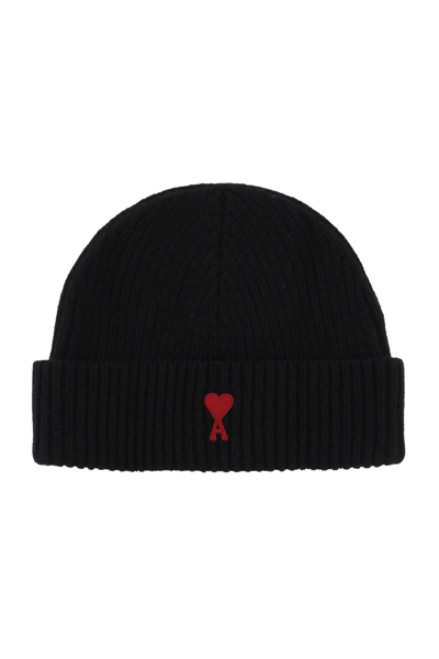 Shop Ami Alexandre Mattiussi Virgin Wool Ami De Coeur Beanie Hat In Black/red