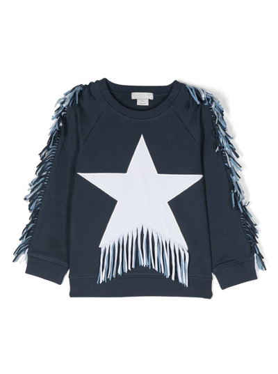 Shop Stella Mccartney Fringed Sweatshirt With Star Print In Blue Cotton Girl