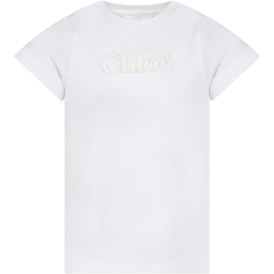 Shop Chloé White T-shirt For Girl With Logo In Bianco Sporco
