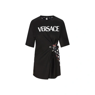 Versace Pin-tucked Jersey T-shirt With Silk Printed Back In Black