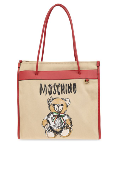 Shop Moschino Teddy Bear Printed Top Handle Bag In Beige