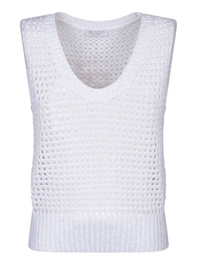 Shop Brunello Cucinelli Sequin Embellished Open Knitted Vest In White