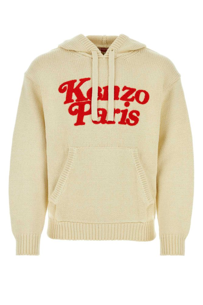 Shop Kenzo X Verdy Drawstring Knit Hoodie In Beige