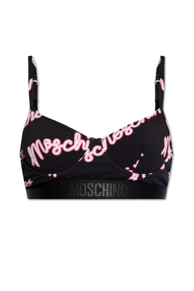 Shop Moschino Logo Printed Stretched Bra In Black