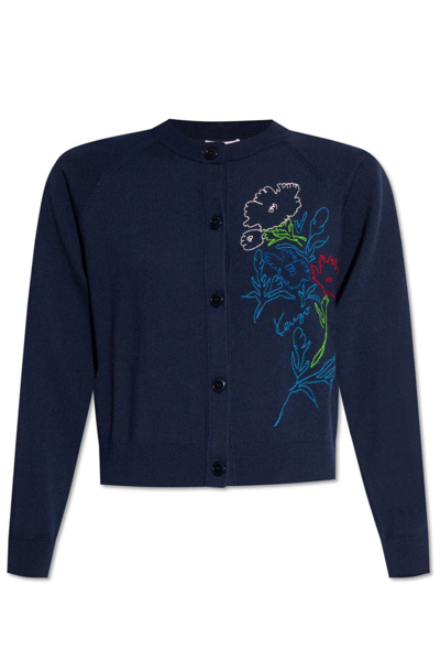 Shop Kenzo Drawn Flowers Knitted Cardigan In Navy
