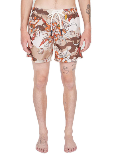Shop Moncler Floral Print Drawstring Swim Shorts In Beige