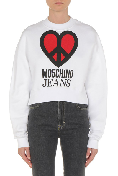 Shop Moschino Jeans Heart Printed Crewneck Sweatshirt In White