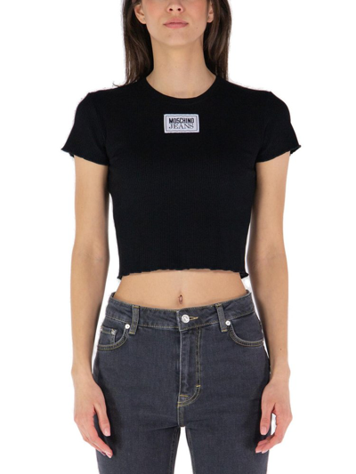 Shop Moschino Jeans Lettuce Hem Cropped T In Black
