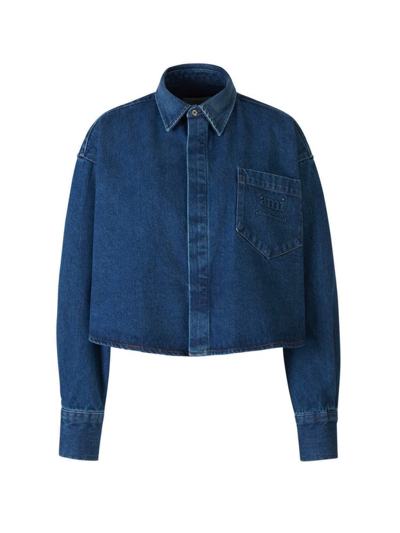 Shop Ami Alexandre Mattiussi Ami Paris Logo Embroidered Cropped Shirt In Blue