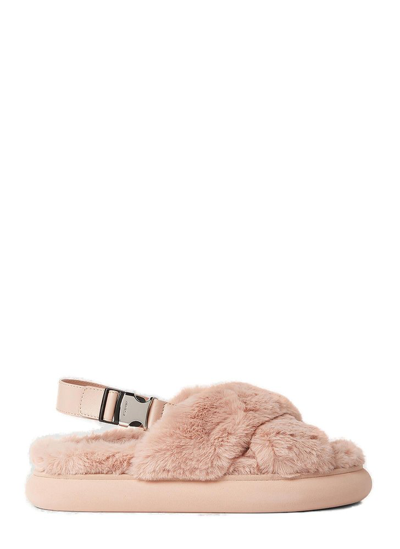 Shop Moncler Fluffy Buckle Detailed Sandals In Beige