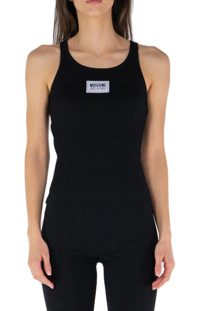 Shop Moschino Jeans Sleeveless Ribbed Tank Top In Black