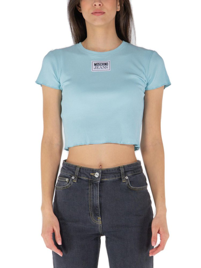 Shop Moschino Jeans Lettuce Hem Cropped T In Blue