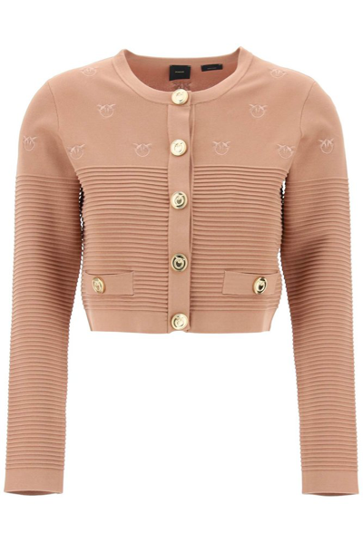 Shop Pinko Love Birds Embroidered Cropped Cardigan In Beige