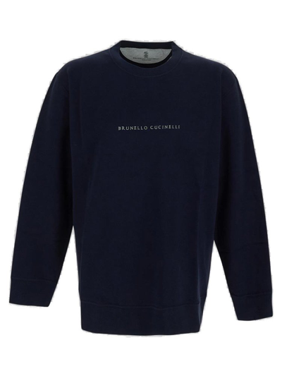 Shop Brunello Cucinelli Logo Embroidered Crewneck Sweatshirt In Blue