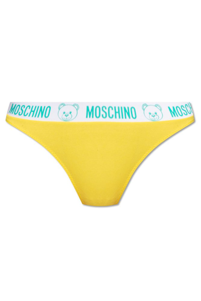 Shop Moschino Logo Waistband Thongs In Yellow