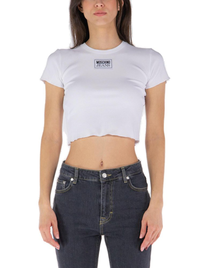 Shop Moschino Jeans Lettuce Hem Cropped T In White