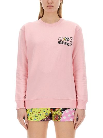 Shop Moschino Regular Fit Crewneck Sweatshirt In Pink