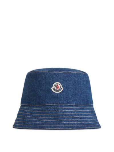 Shop Moncler Logo Patch Denim Fisherman Hat In Blue