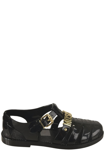 Shop Moschino Logo Lettering Caged Sandals In Black