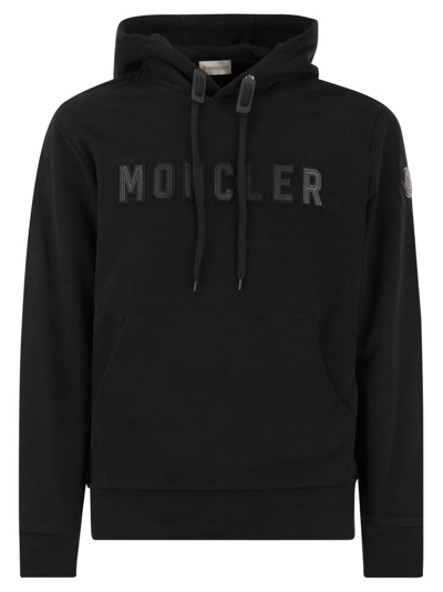 Shop Moncler Logo Patch Drawstring Hoodie In Black
