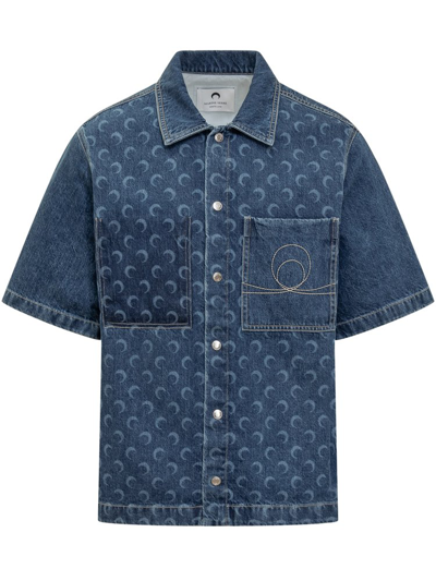 Shop Marine Serre Allover Moon Printed Denim Shirt In Blue