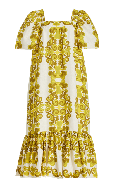 Shop Cara Cara Chani Printed Linen Midi Dress In Gold