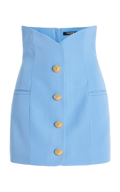 Shop Balmain Button-detailed Wool Corset Mini Skirt In Blue