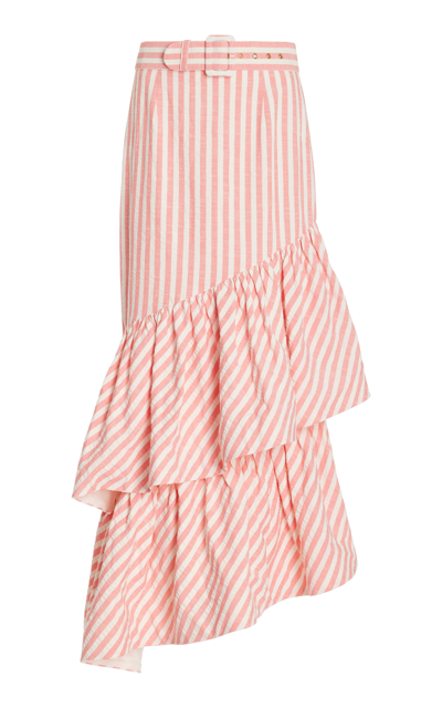 Shop Cara Cara Terra Ruffled Striped-seersucker Maxi Skirt In Pink