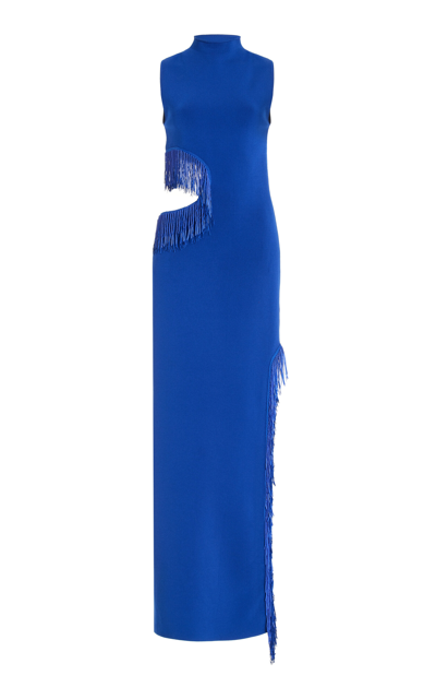 Shop Galvan Nova Beaded Cutout Knit Maxi Dress In Blue