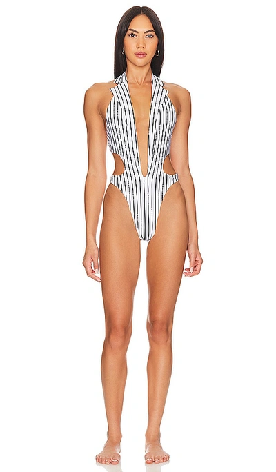 Shop Poster Girl Portia Swimsuit In White & Black Pinstripe