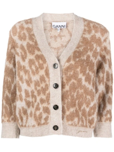 Shop Ganni Leopard-jacquard Cardigan In Neutrals