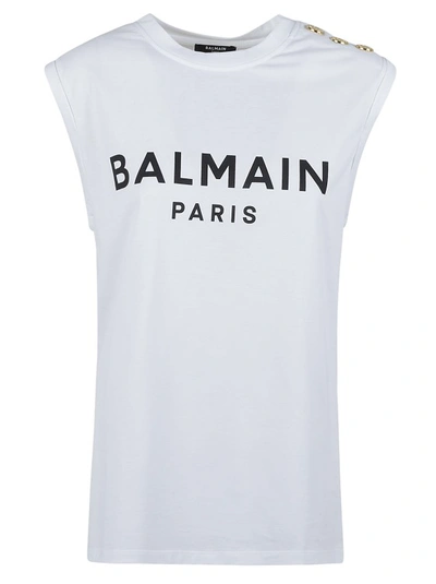 Shop Balmain Button-detail Logo-print Tank Top In White