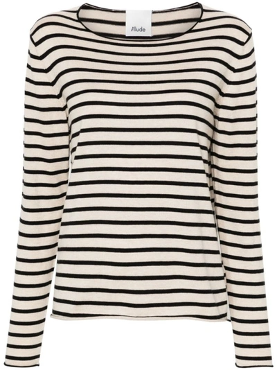 Shop Allude Ecru/black Cotton Blend Sweater In Neutrals