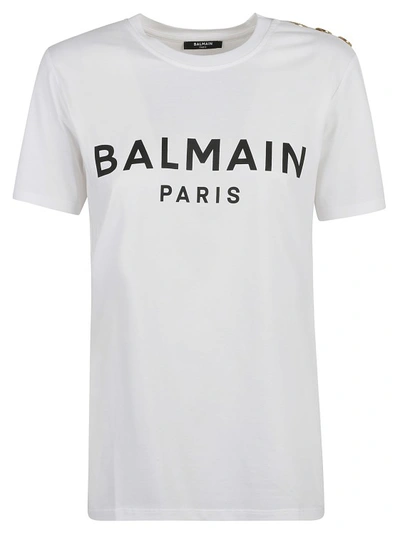 Shop Balmain Button-embellished Logo-print T-shirt In White