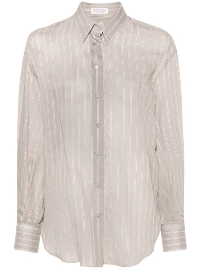 Shop Brunello Cucinelli Light Grey Cotton-silk Blend Shirt In White