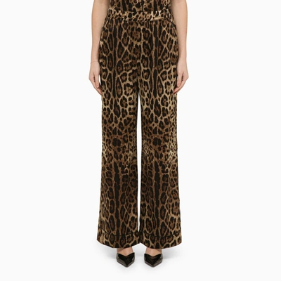 Shop Dolce & Gabbana Leopard Print Trousers In Silk Satin In Brown