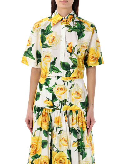 Shop Dolce & Gabbana Short Shirt With Yellow Roses Print In Rose Gialle