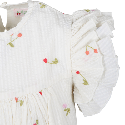 Shop Bonpoint White Dress For Girl With All-over Cherry And Multicolor Flower Embroidery