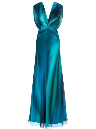 Shop Alberta Ferretti Turquoise Silk Chiffon Long Dress In Blue