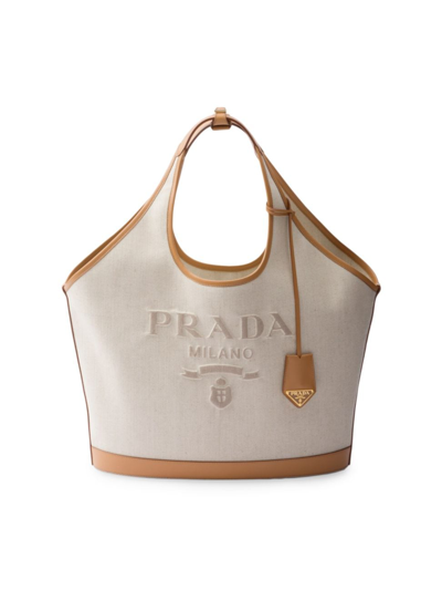 Shop Prada Women's Large Linen Blend And Leather Tote Bag In Beige