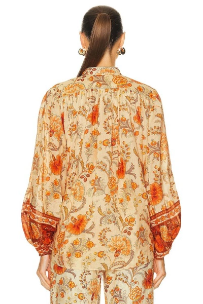Zimmermann Junie Gathered Embellished Floral-print Ramie Blouse In Orange