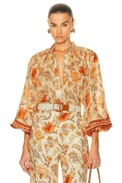 Zimmermann Junie Gathered Embellished Floral-print Ramie Blouse In Orange