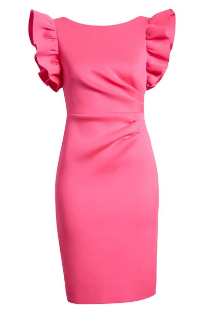 Shop Eliza J Ruffle Sleeve Scuba Crepe Cocktail Sheath Dress In Hot Pink