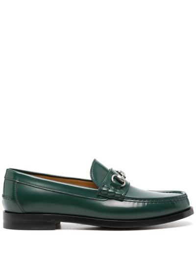 Shop Gucci Green Horsebit Leather Loafers In Grün