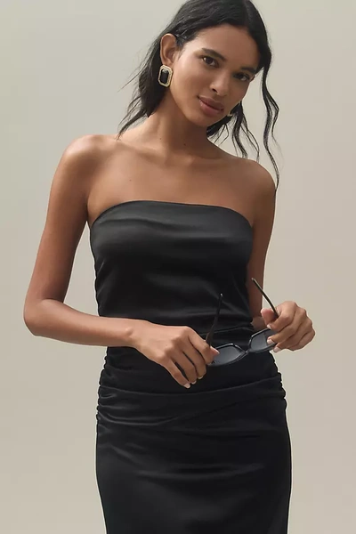 Shop Bhldn Selena Strapless Stretch Satin Midi Dress In Black