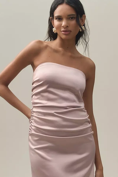Shop Bhldn Selena Strapless Stretch Satin Midi Dress In Beige