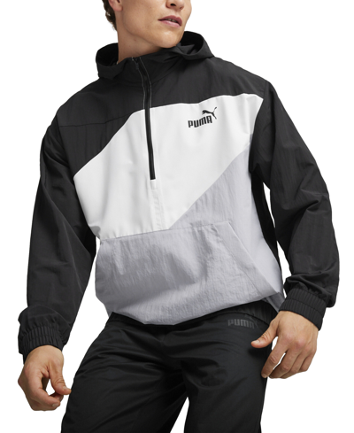 Shop Puma Men's Power Colorblocked Half-zip Hooded Windbreaker In  Black